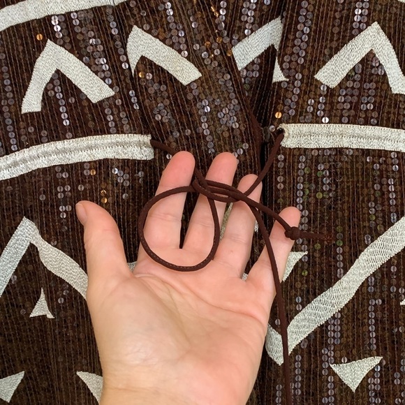 Vintage Fully Sequined Silk Brown White Aztec Design Surplice Tunic Dress XS - Picture 6 of 17